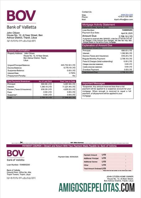 em branco Modelo Word e PDF de declaração hipotecária do Banco da Líbia de Valletta